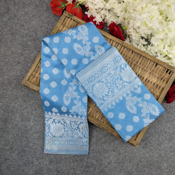 Premium Silk Katan Saree Combo Set - Sky Blue - Image 3