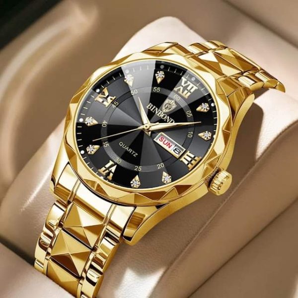 binbond 2521 luxury brand luminous quartz watch for men (golden black)