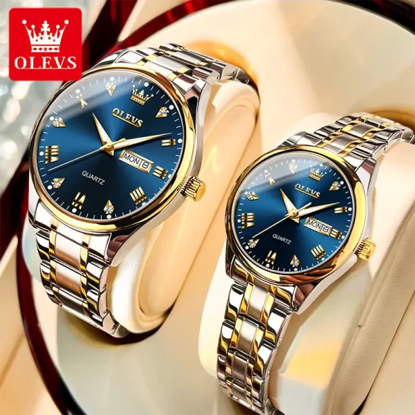 olevs 5563 couple watch tow tone chain (blue dial)