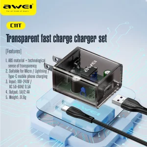 awei c11t fast charging type c adapter transparent wall charger with 1m type c data transfer cable