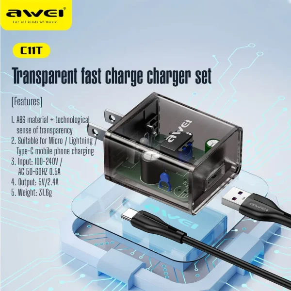awei c11t fast charging type c adapter transparent wall charger with 1m type c data transfer cable