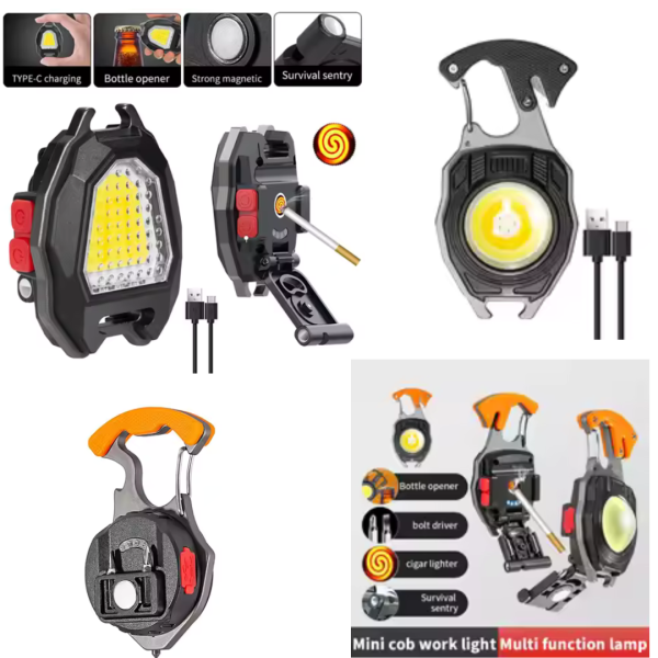 3 gear mini rechargeable flashlight pocket keychain torch cigarette lighter cob light with screwdriver wrench tactical lantern