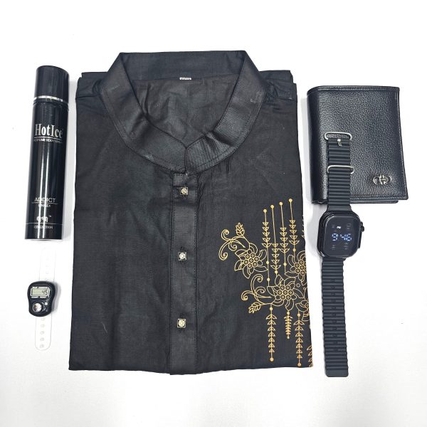 cotton printed punjabi + premium watch + leather wallet + body spray + and digital counter tasbih combo pack