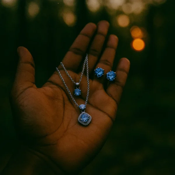 necklace with matching radiant crystal stud earrings.