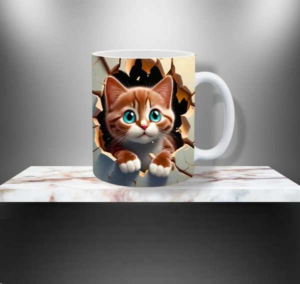 3d cat hole in a wall design mug