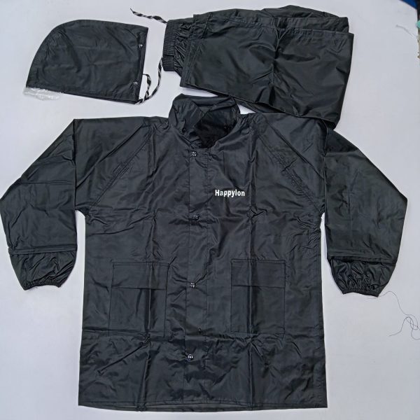 100% water proof high quality rain coat with pant. (happylon) black