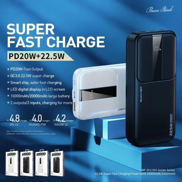 wekome wp 301 gonen series 10000mah led display fast charging power bank