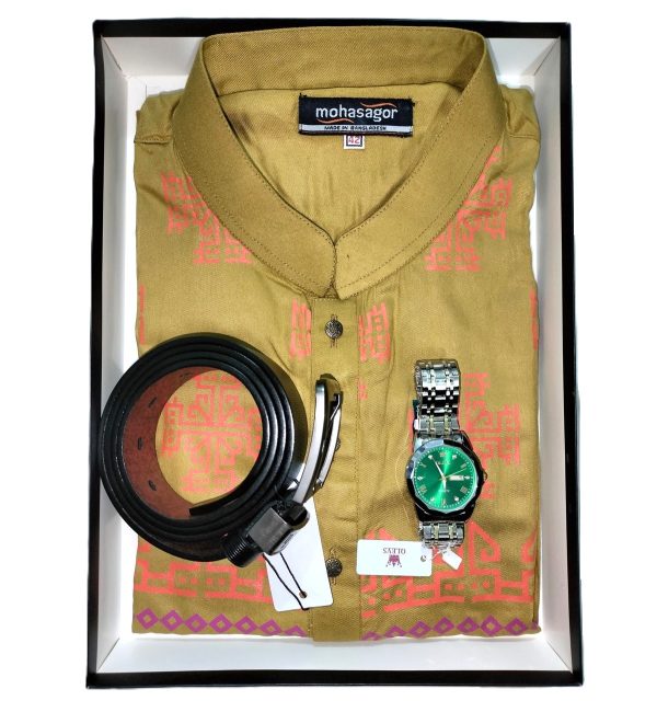 cotton printed punjabi + premium watch + leather belt combo pack
