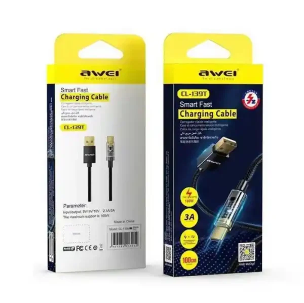 awei cl 139t smart fast charger cable type c 100w 1m