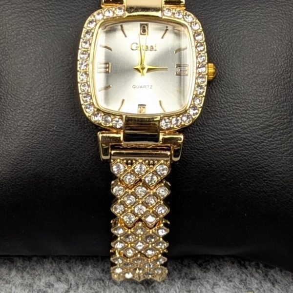 luxury golden stone studded ladies quartz watch – stylish & elegant design (white dial)