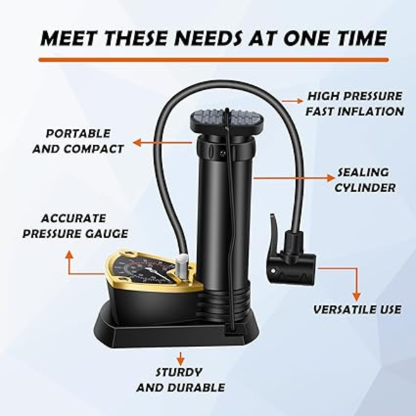 inchant mini bicycle foot pump with sensitive pressure gauge 140psi, aluminum alloy bike foot pump