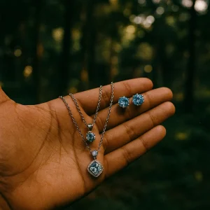 necklace with matching radiant crystal stud earrings.
