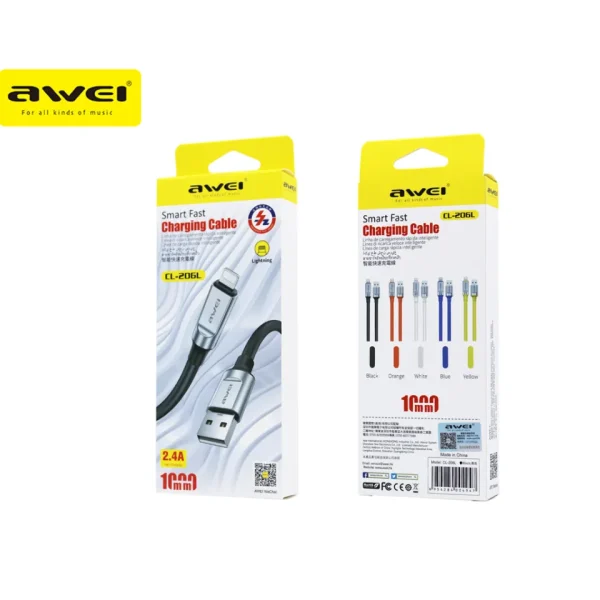 awei cl 206l lightning cable fast charging 2.4a usb data sync cord for iphone ( multi color )