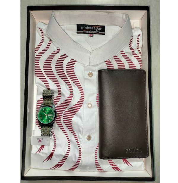 cotton printed punjabi + premium watch + leather wallet combo pack