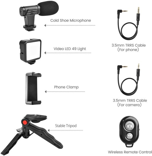 video making tripod kit for live broadcast 3 in 1 with microphone, led light, mini stand & remote control, vloging kit