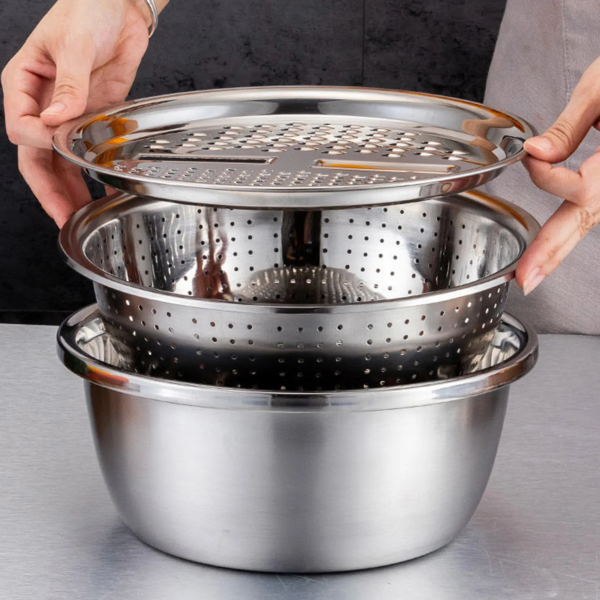 3 in 1 stainless steel vegetable cutter with drain basket easy food prep for southeast asian buyers grater basin for fruits vegetables