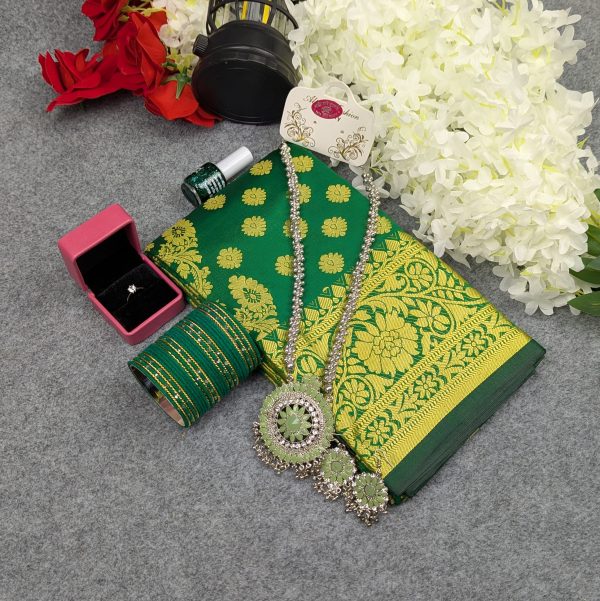 premium silk katan saree combo set green