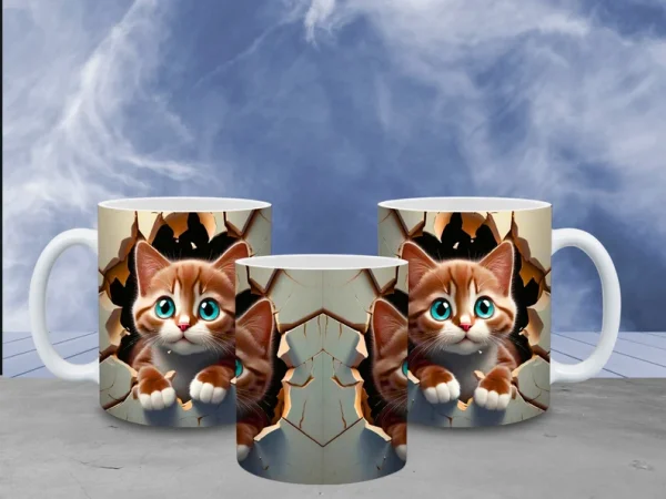 3d cat hole in a wall design mug