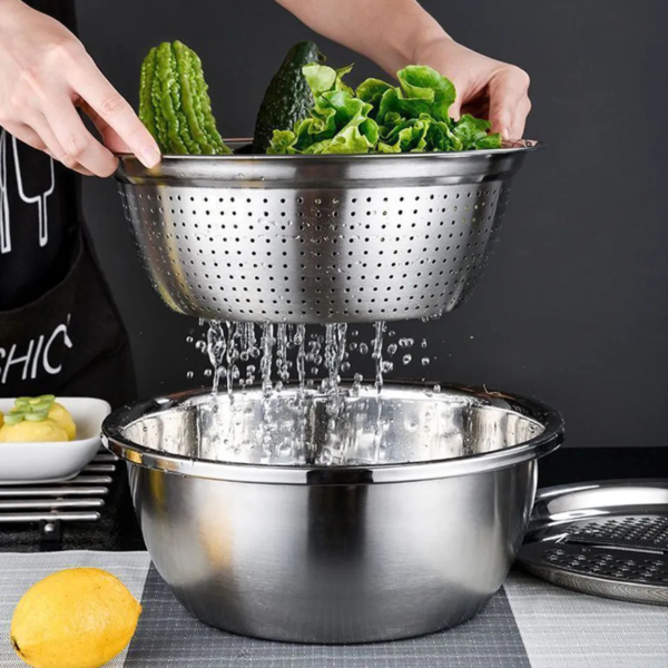 3 in 1 stainless steel vegetable cutter with drain basket easy food prep for southeast asian buyers grater basin for fruits vegetables