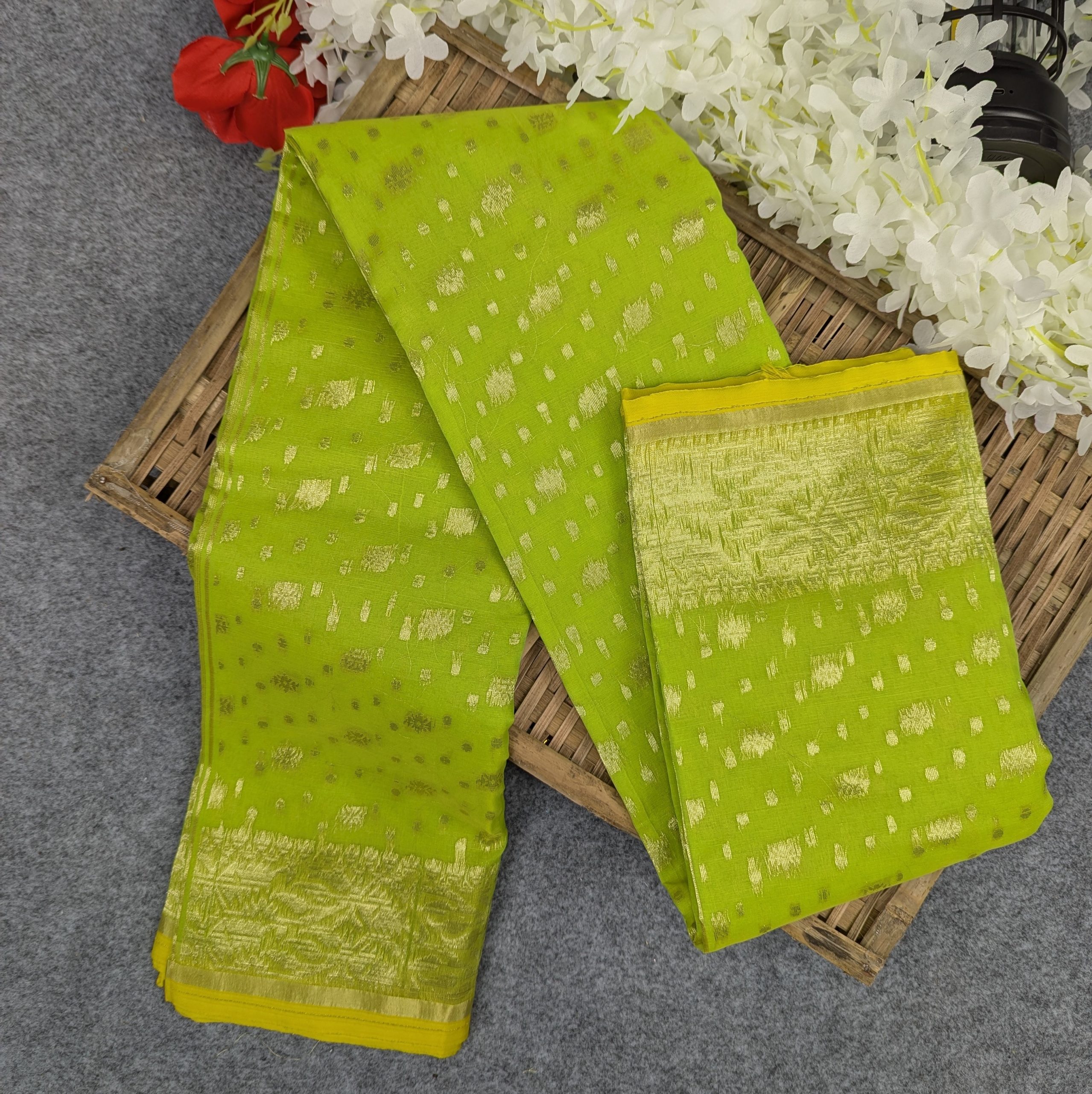 Half Silk Jamdani Saree (Off-White, Red, Purple, Lemon, Light Purple) - Image 5