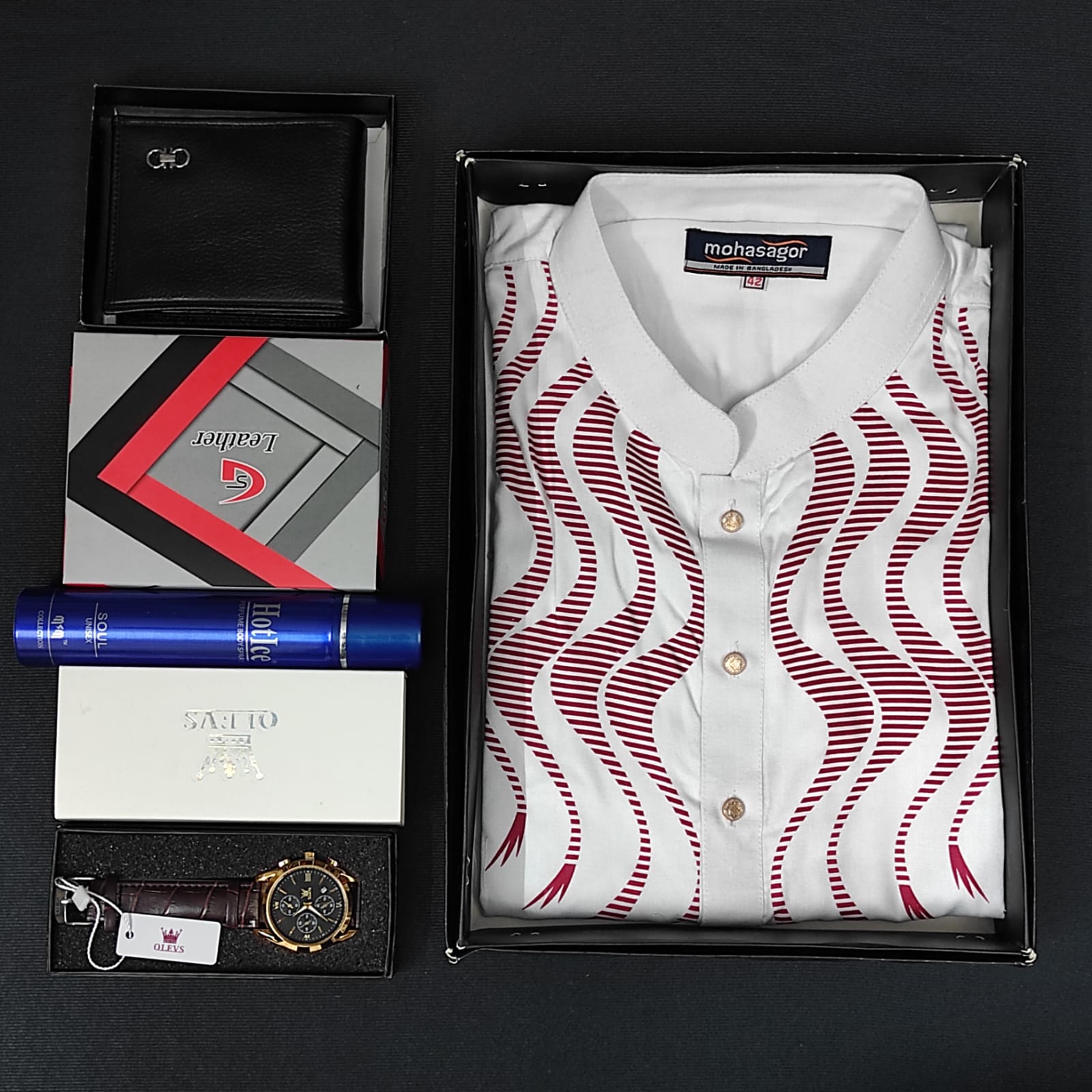 Printed Panjabi+ Wallet+ Olevs belt Watch+ Perfume Combo Pack - Image 3