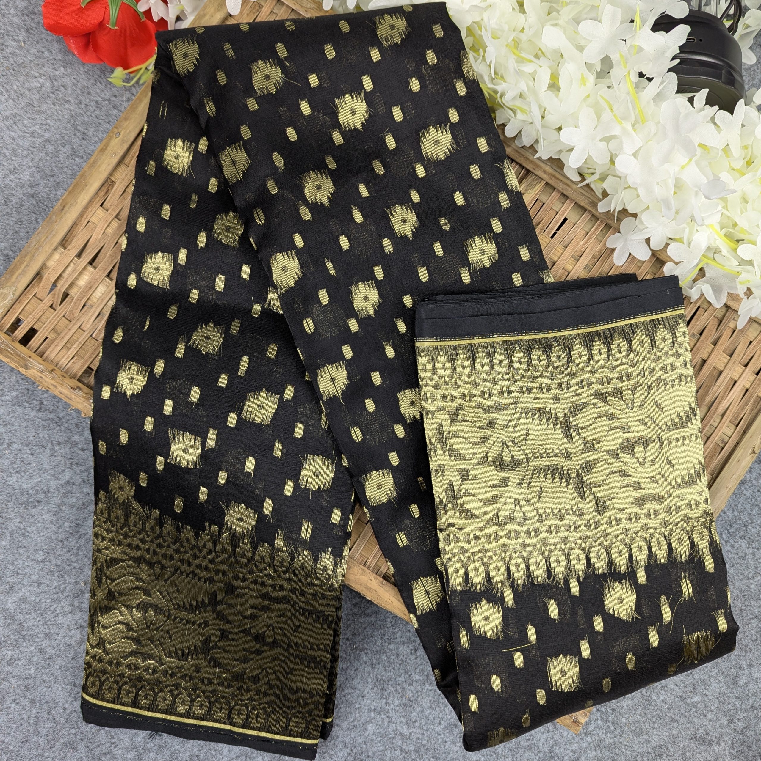 Premium Half Silk Jamdani Saree Combo Set - Black - Image 4