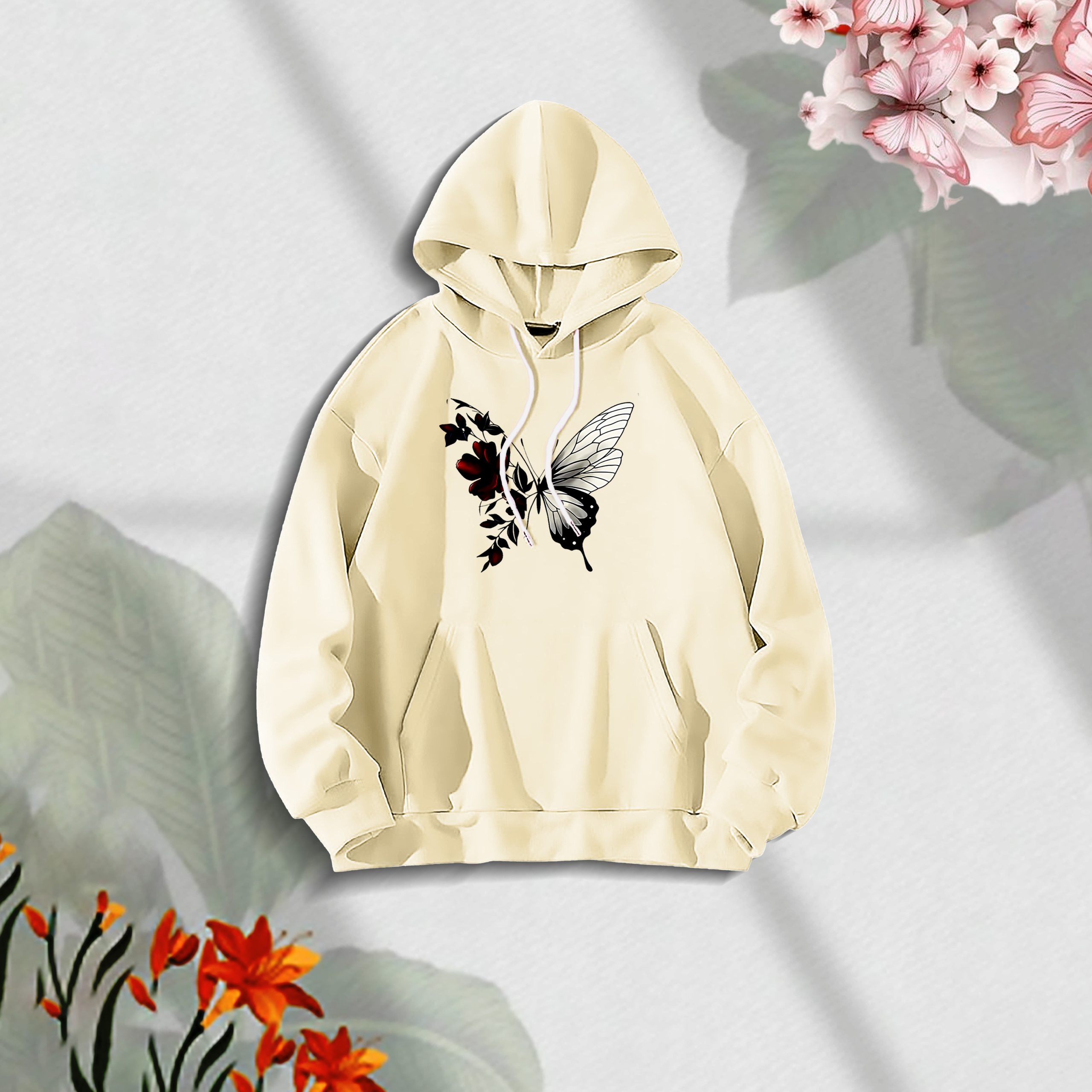 Premium Comfortable Stylish (Red Butterflies-off white) Ladies winter hoodie