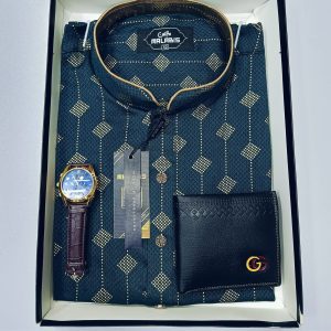 Cotton  Print Punjabi + Premium Watch + Wallet  Combo Pack