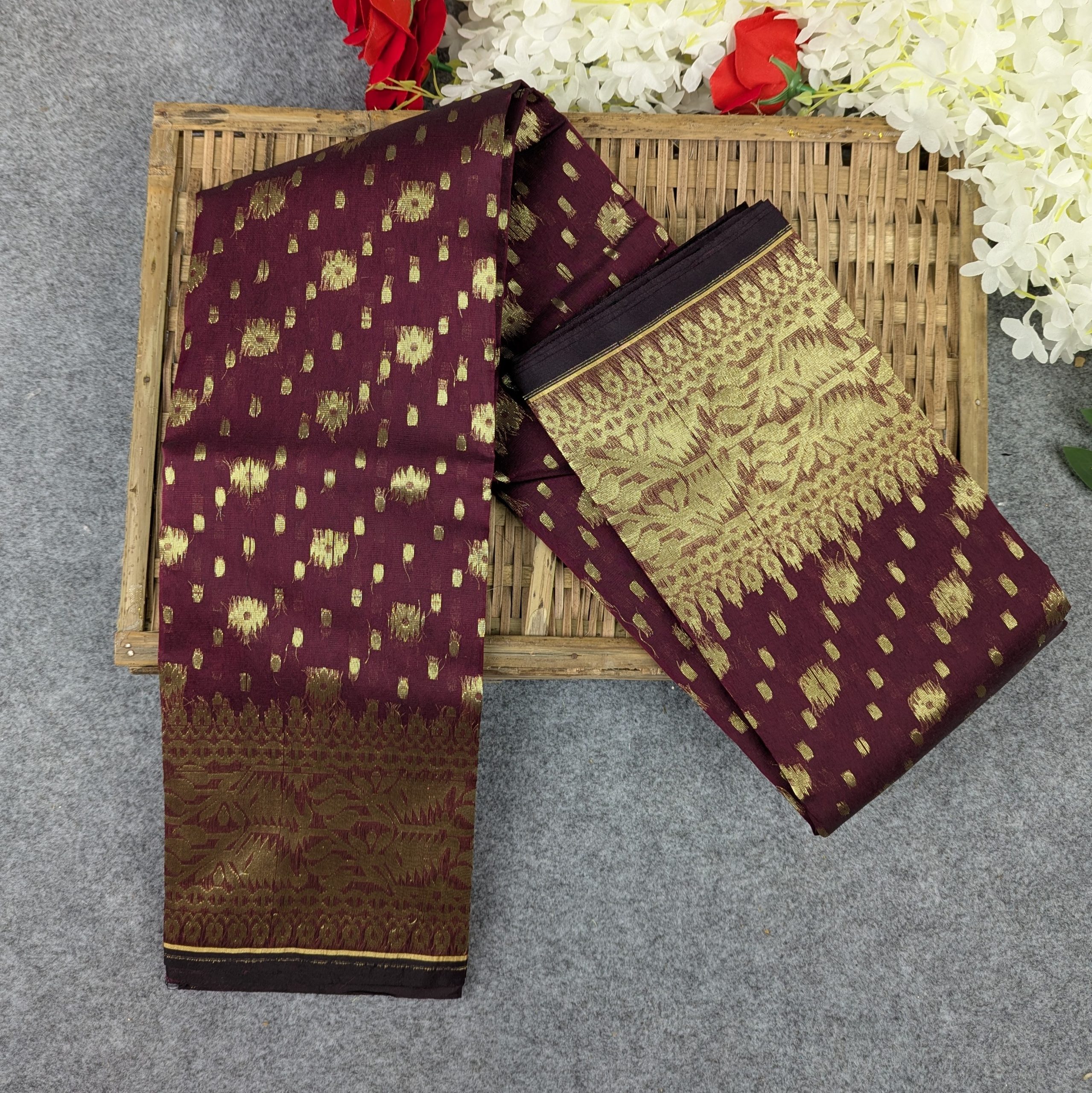 Premium Half Silk Jamdani Saree Combo Set - Maroon - Image 5