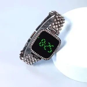 New Trend Fashion Steel Chain Diamond Women Watch Full Diamond Touch Screen LED Water Diamond Bracelet Watch (black)