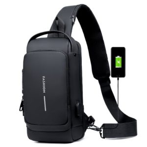 USB charging sport sling Anti-theft shoulder bag (Black)