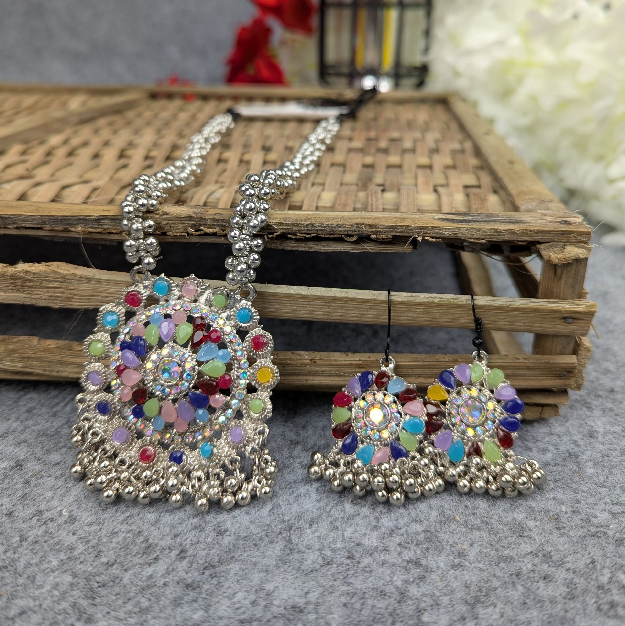 Antique Oxidized Necklace & Earrings Set – (Multiple Colors Available) - Image 10