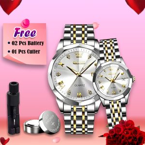 Butter Fly Lock Olievs Stainless Steel fashionable Couple watches +1pcs chain cutter+ 2 pcs battery ( Silver)