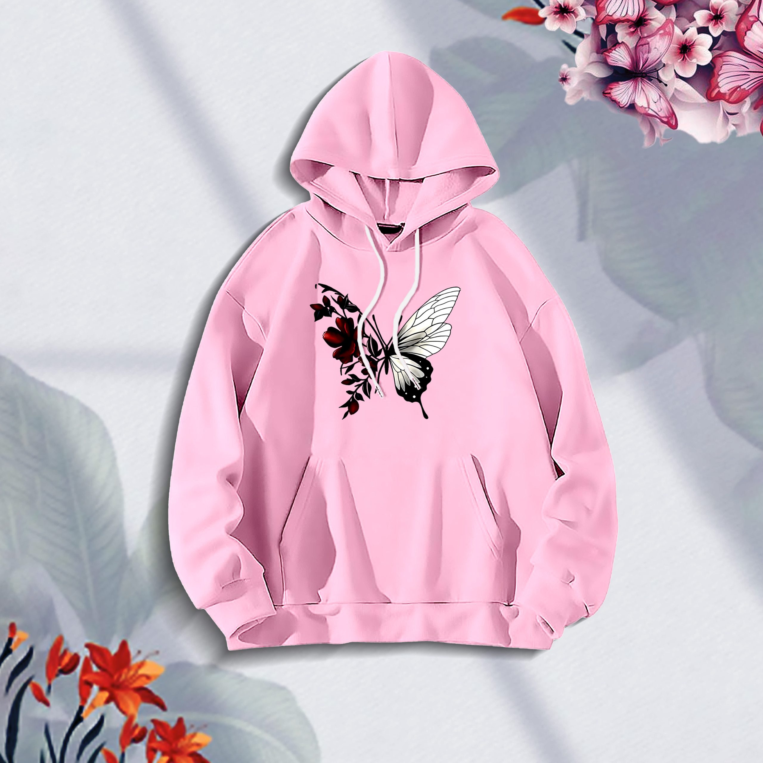 Premium Comfortable (Red Butterflies-Pink) Ladies winter hoodie