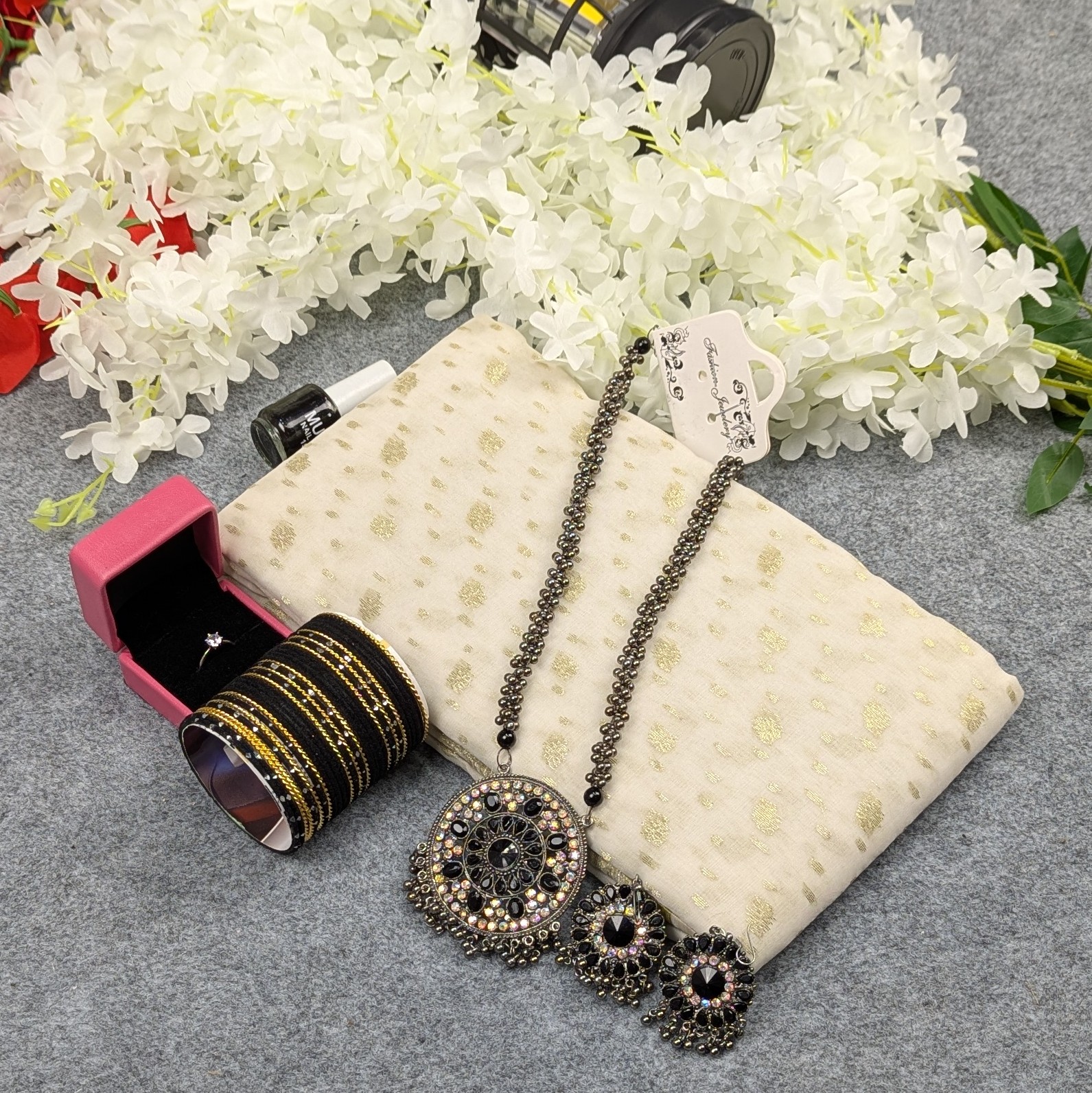 Premium Half Silk Jamdani Saree Combo Set - OFF-White - Image 3