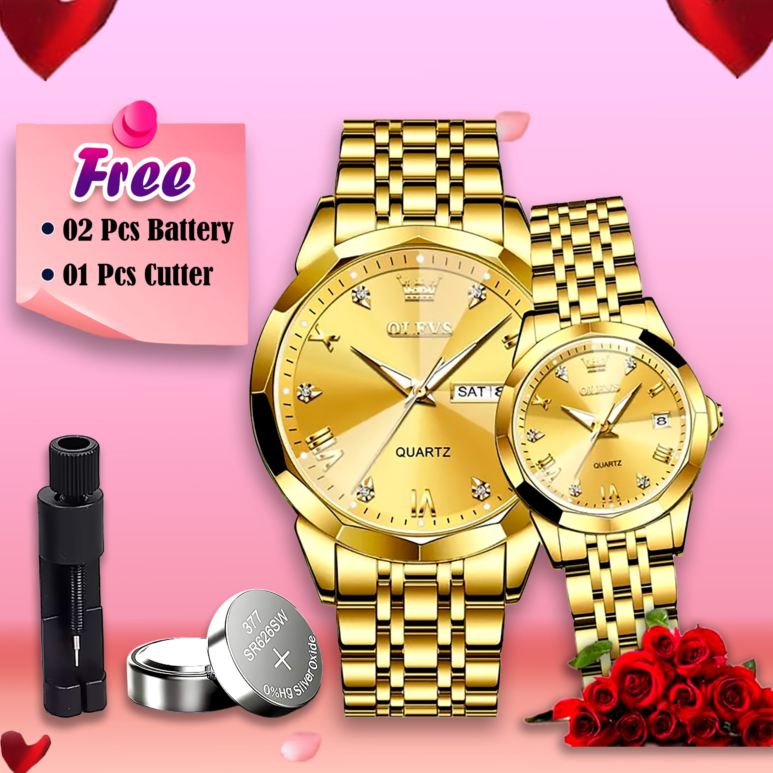 Butter Fly Lock Olievs Stainless Steel fashionable Couple watches +1pcs chain cutter+ 2 pcs battery Golden