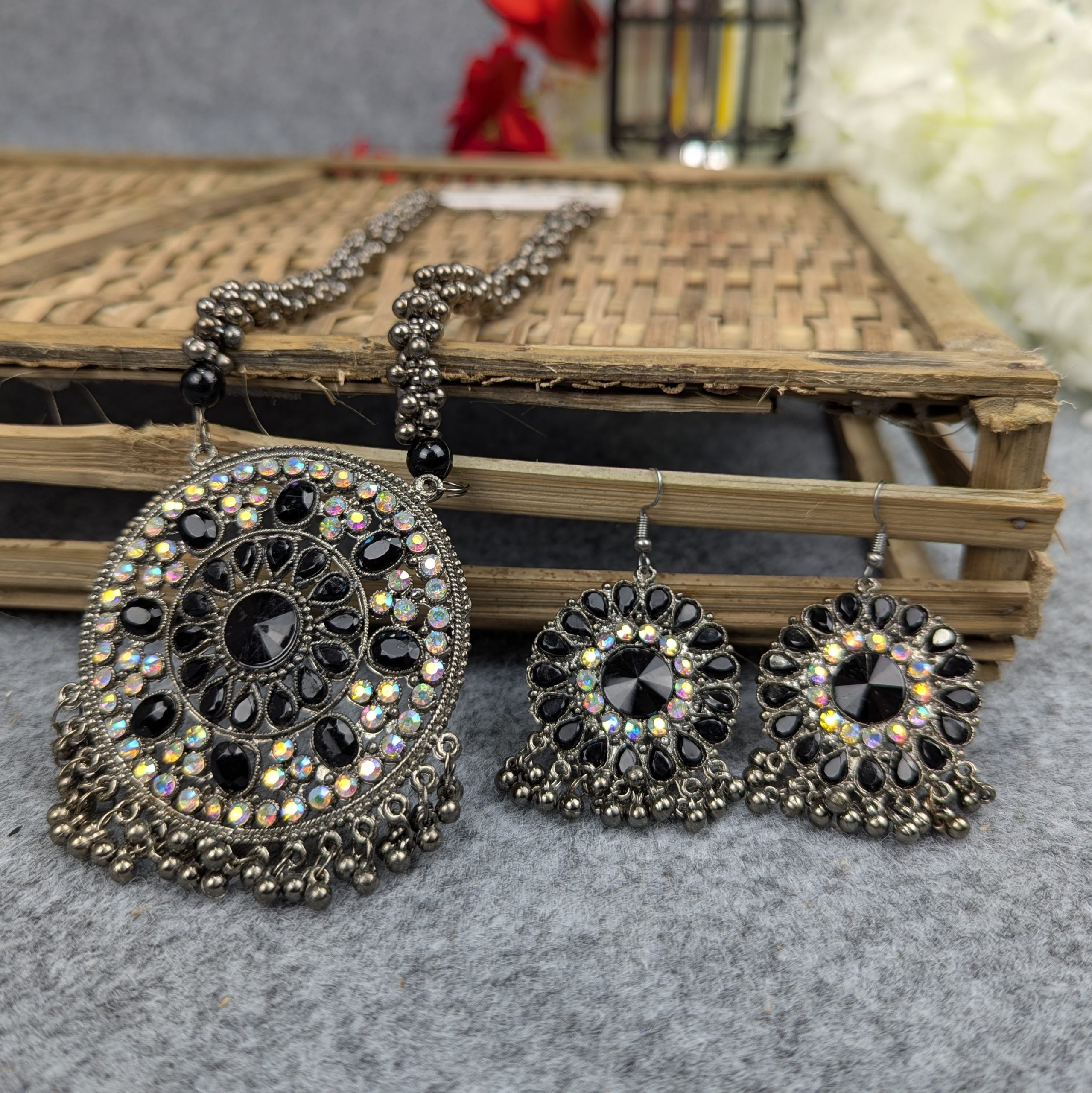 Antique Oxidized Necklace & Earrings Set – (Multiple Colors Available) - Image 14