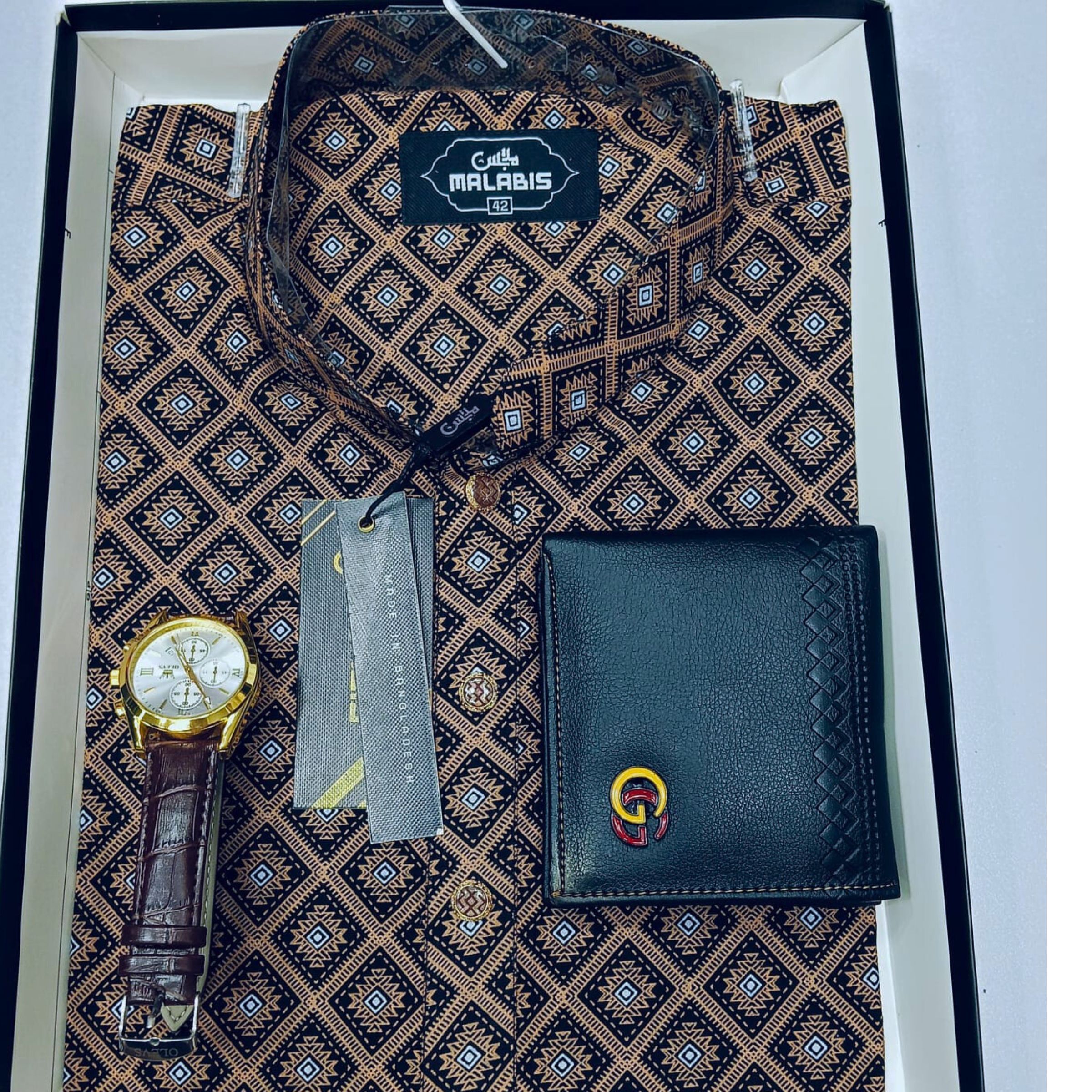 Cotton Print Punjabi + Premium Watch + Wallet Combo Pack