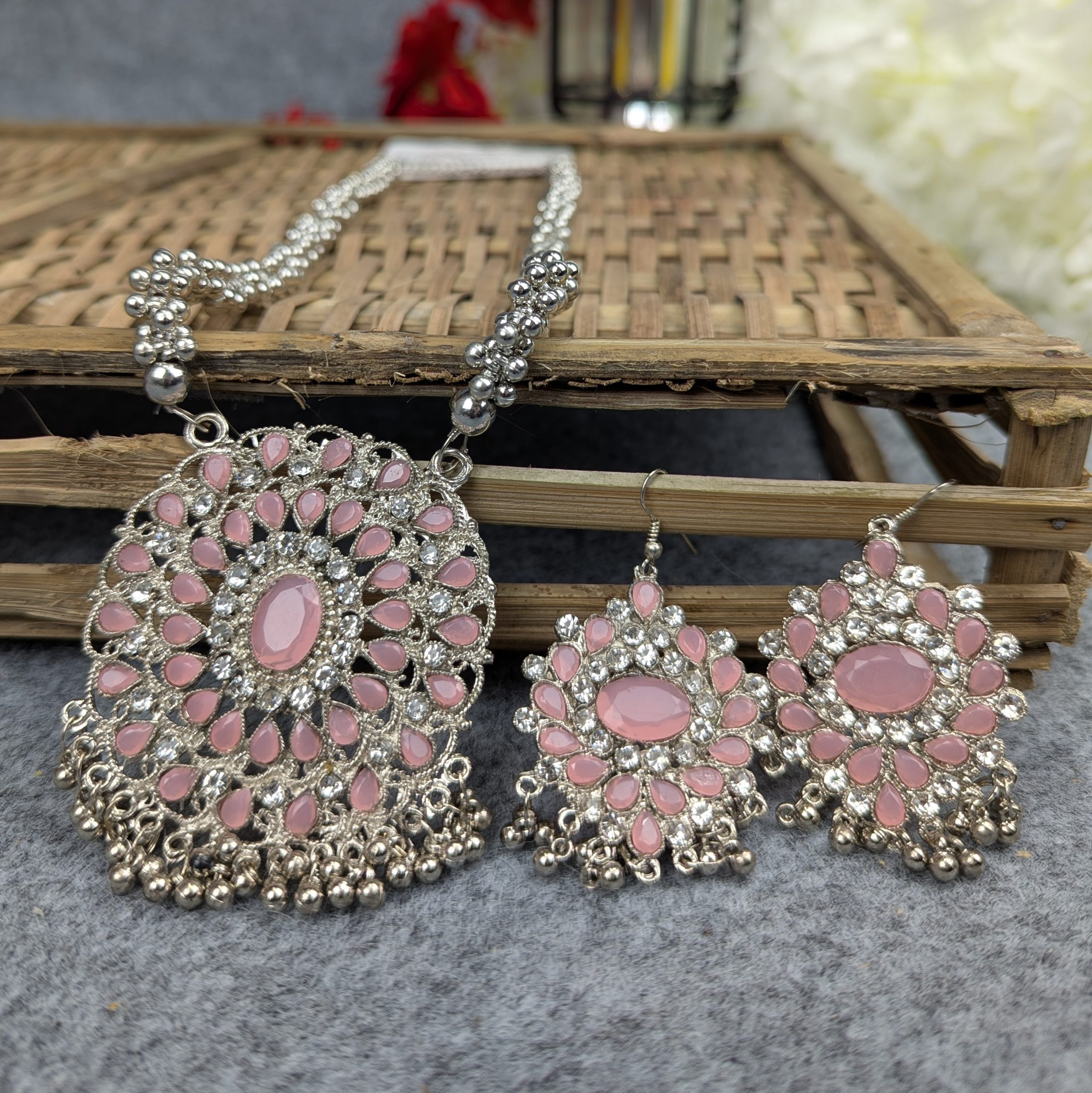 Antique Oxidized Necklace & Earrings Set – (Multiple Colors Available) - Image 7