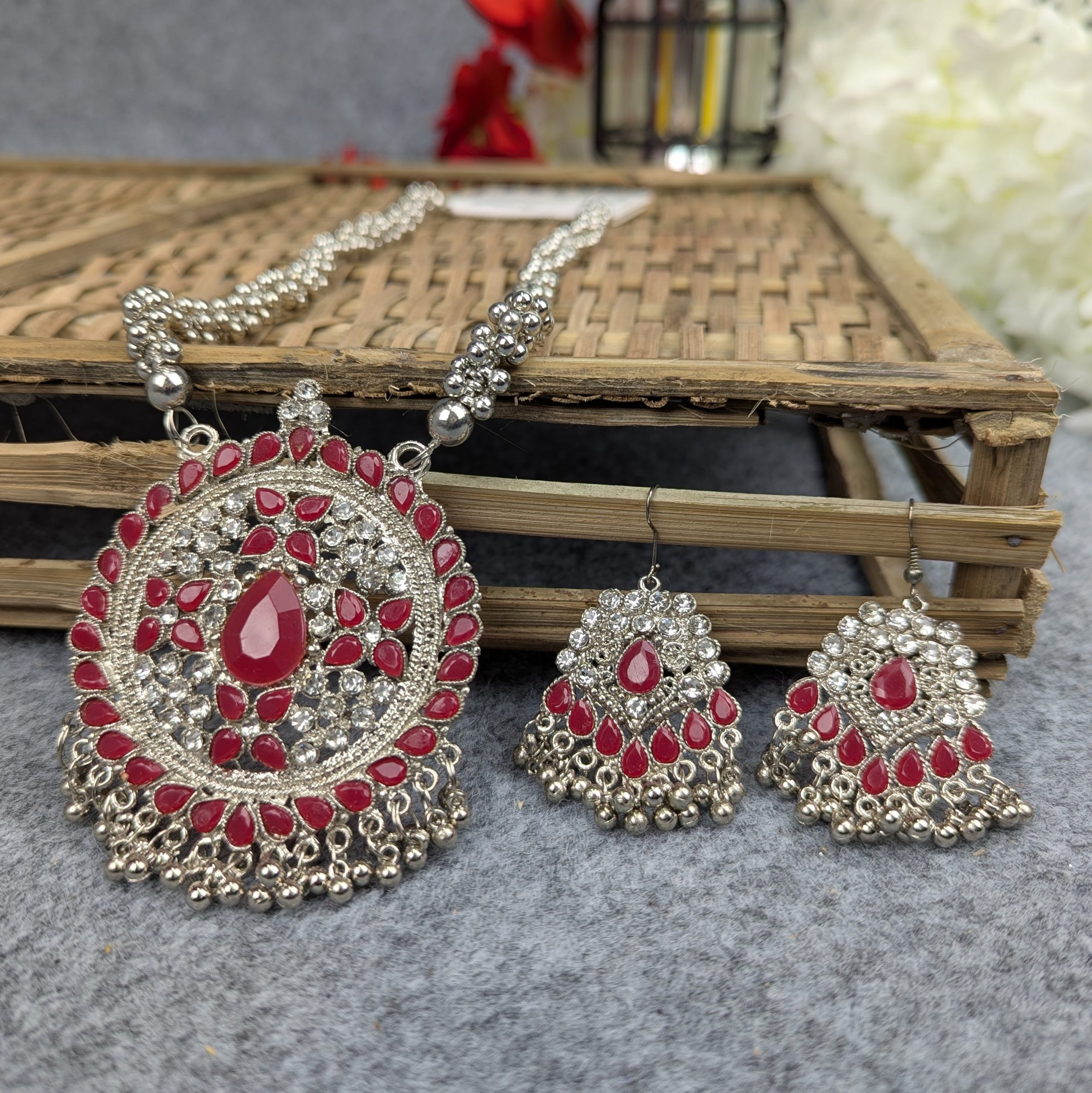 Antique Oxidized Necklace & Earrings Set – (Multiple Colors Available) - Image 9