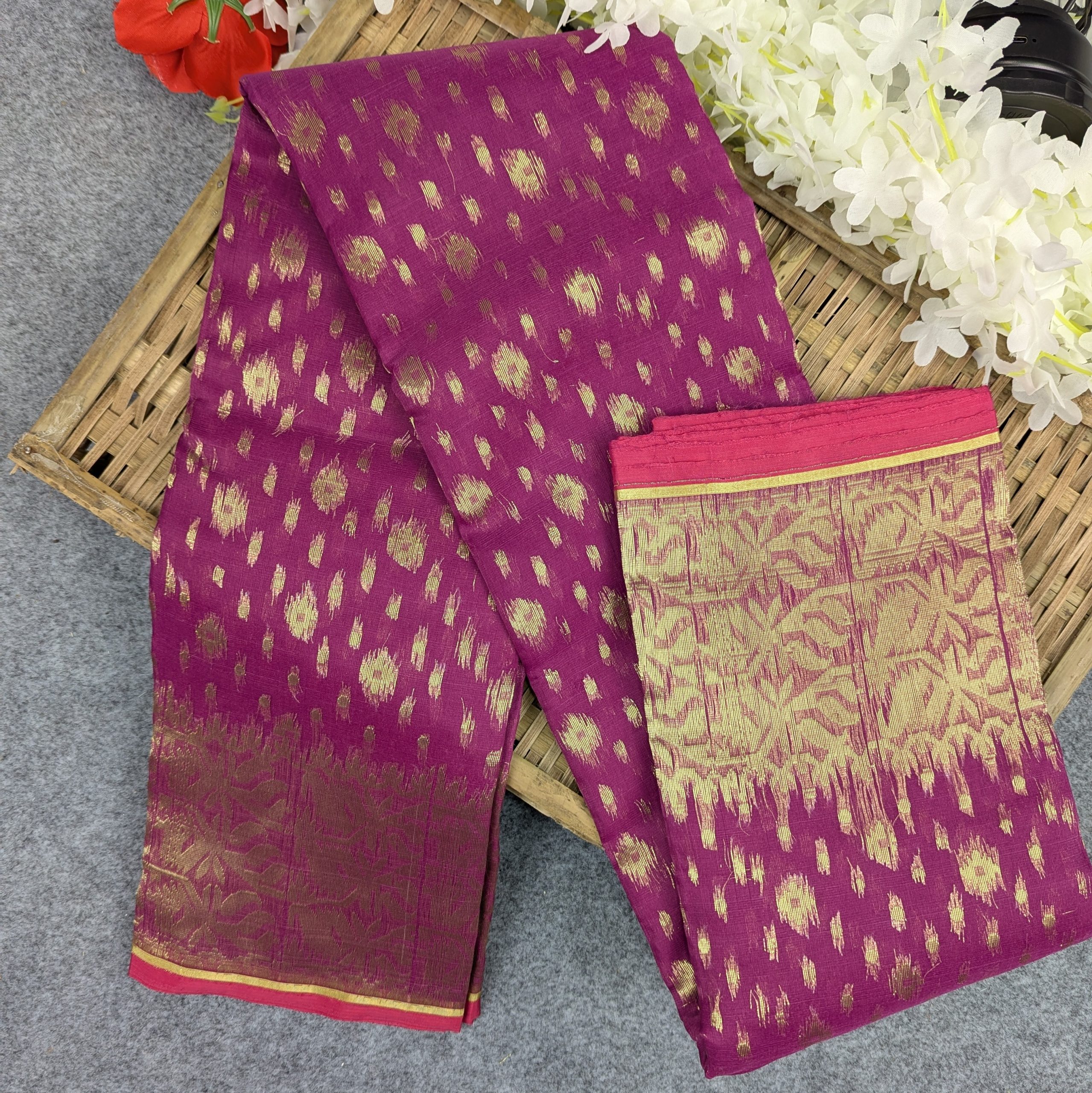 Premium Half Silk Jamdani Saree Combo Set - Purple - Image 4