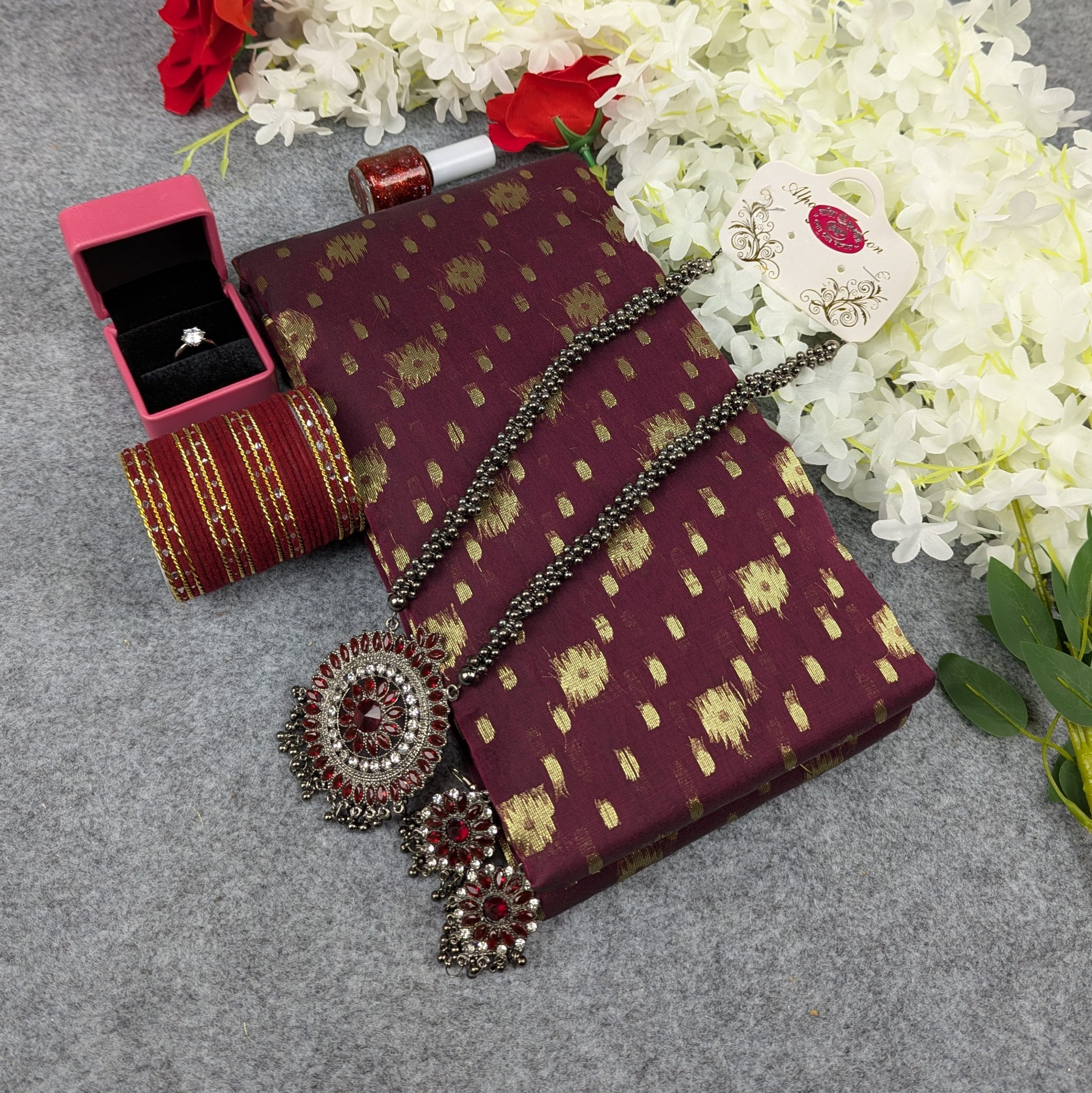 Premium Half Silk Jamdani Saree Combo Set - Maroon - Image 6