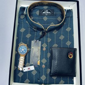 Cotton  Print Punjabi + Premium Watch + Wallet  Combo Pack