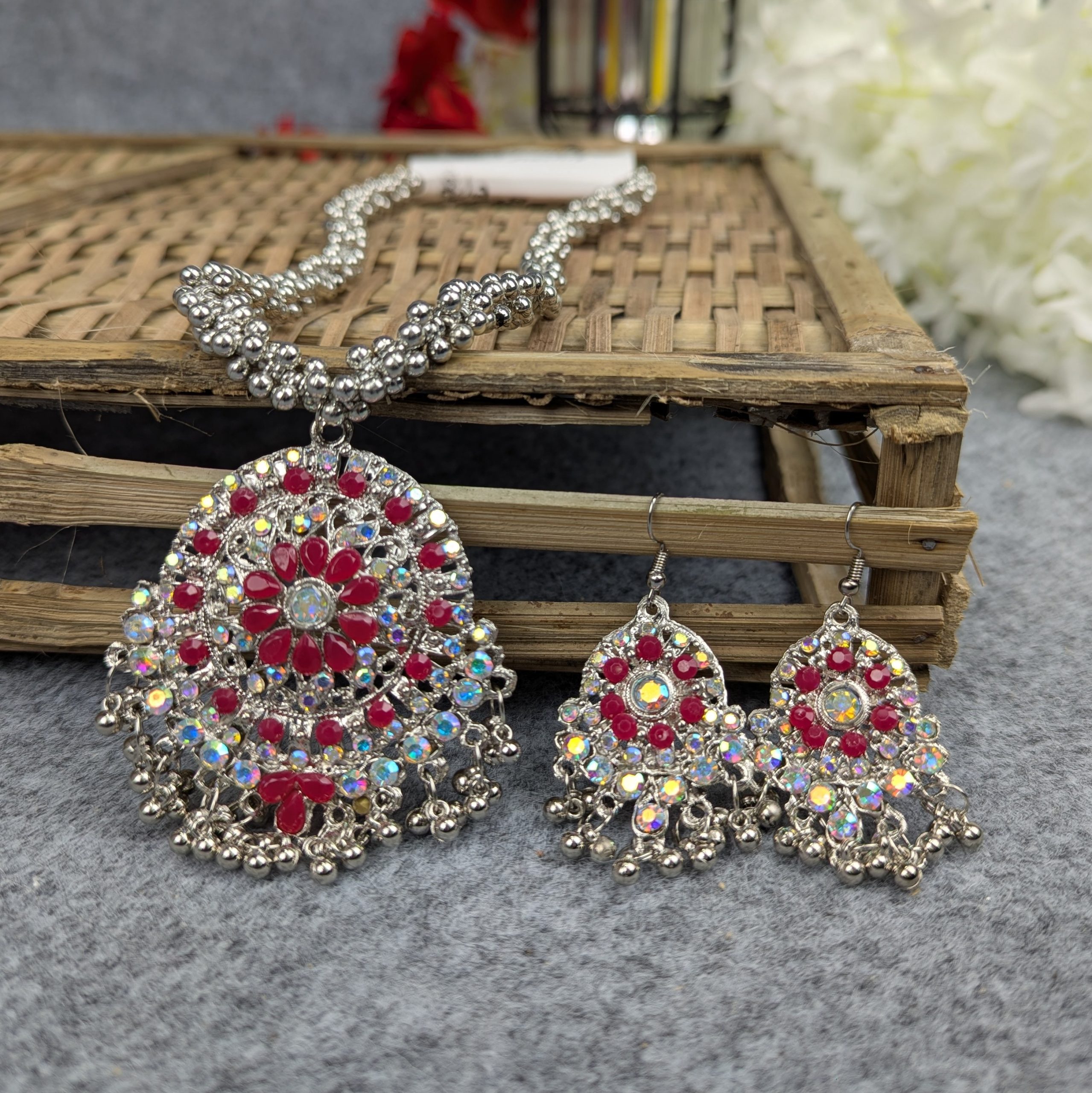 Antique Oxidized Necklace & Earrings Set – (Multiple Colors Available) - Image 13
