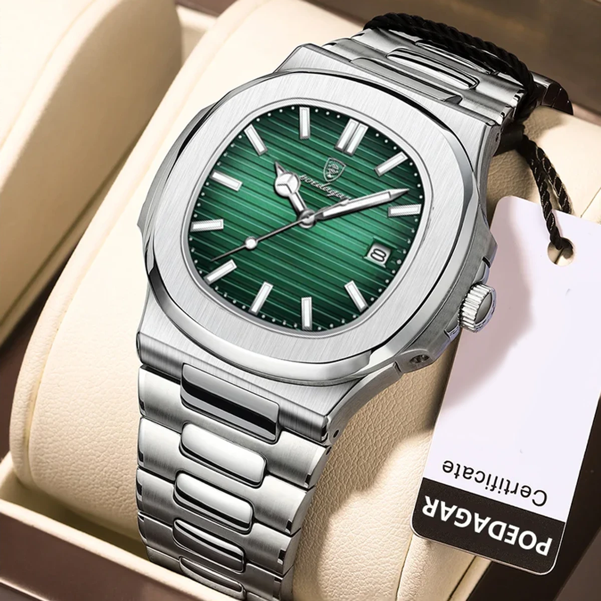Poedagar 613 Luxury Stainless Steel Strap Watch (Green Dial) - Image 3