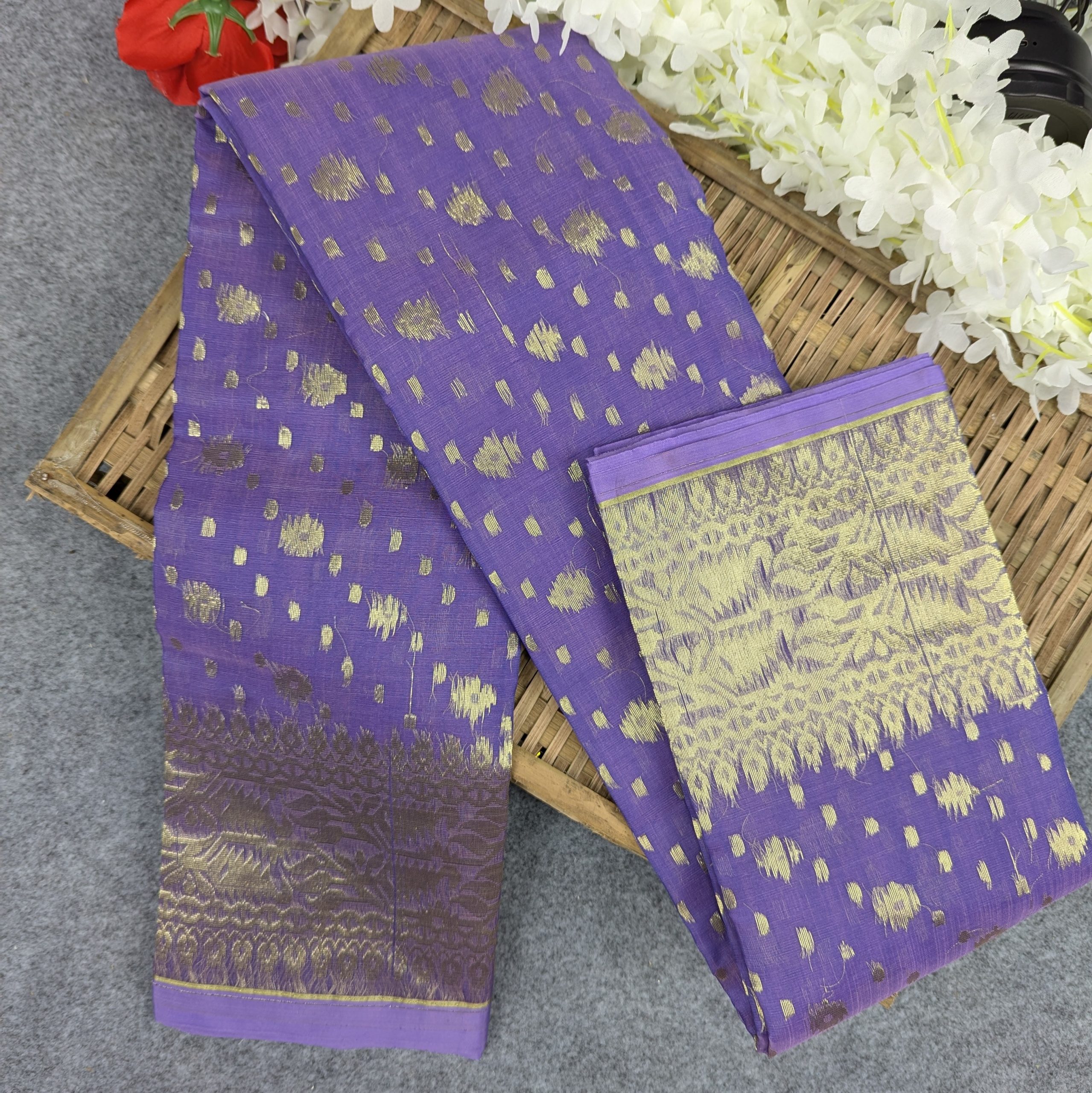 Premium Half Silk Jamdani Saree Combo Set - Lavender - Image 4
