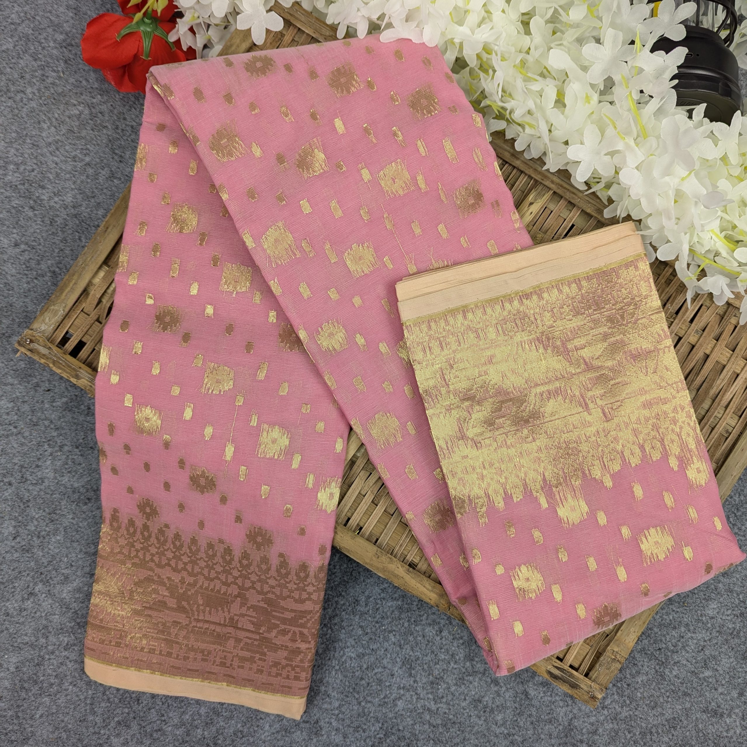 Premium Half Silk Jamdani Saree Combo Set - Pink - Image 4