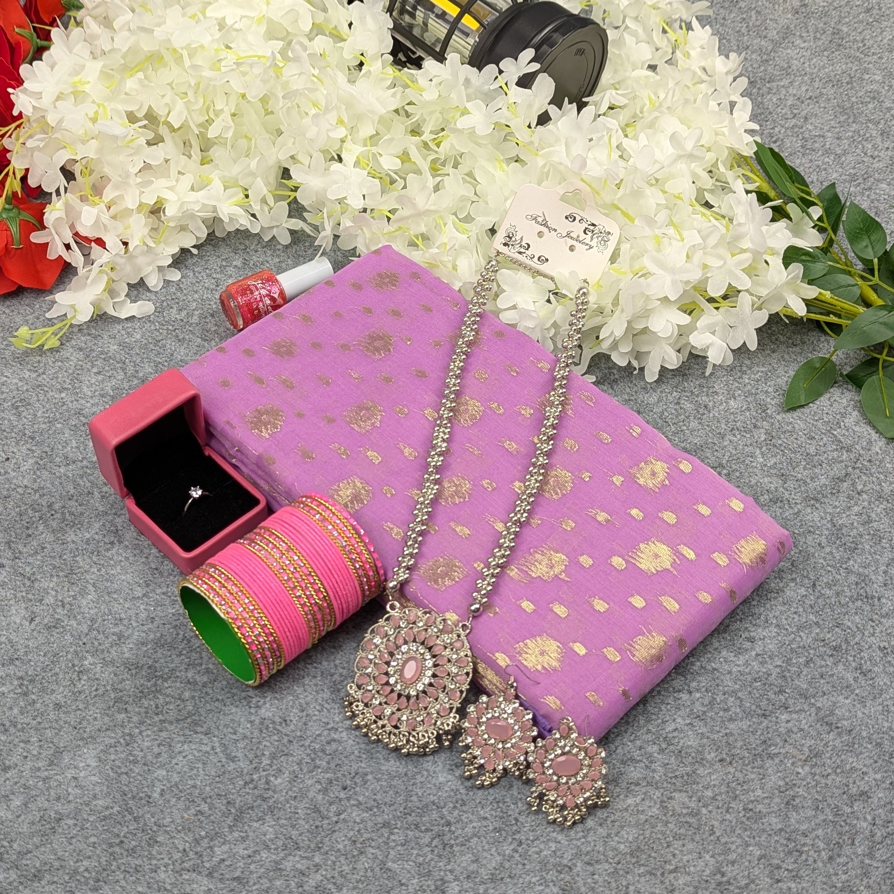 Premium Half Silk Jamdani Saree Combo Set - Light Purple - Image 3