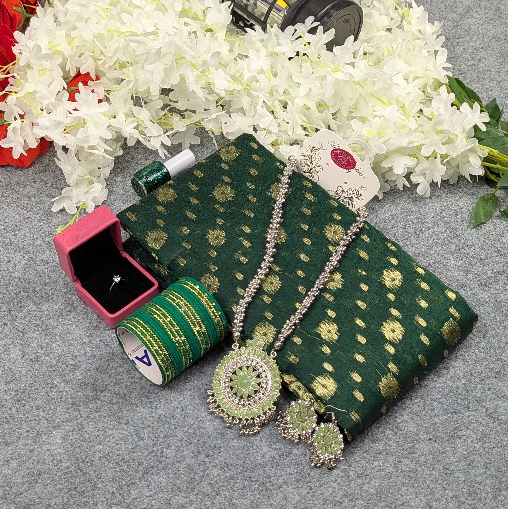 Premium Half Silk Jamdani Saree Combo Set - Green - Image 3