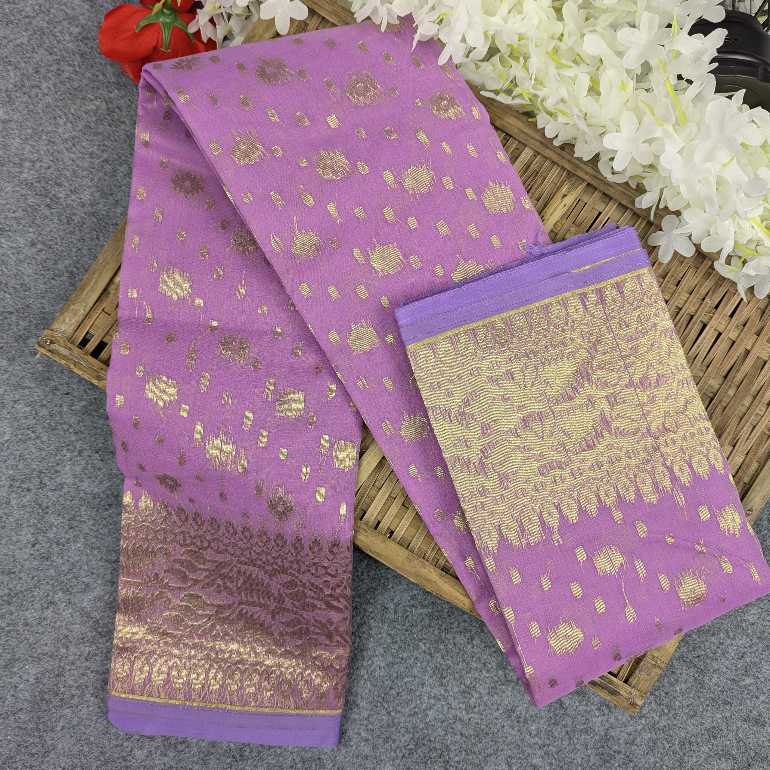 Half Silk Jamdani Saree (Off-White, Red, Purple, Lemon, Light Purple) - Image 4
